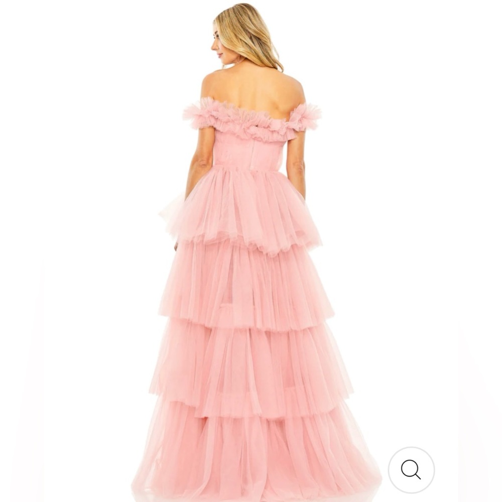 Mac Duggal Pink Off-Shoulder Tiered Tulle High-Low Gown - Picture 2 of 5